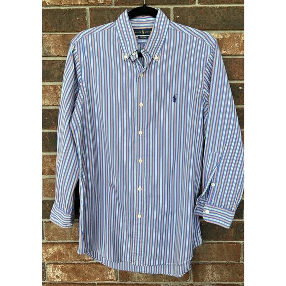 Polo Ralph Lauren Shirt Mens Small Button Up Blue Orange Bar Stripe 120s Poplin - Picture 6 of 8
